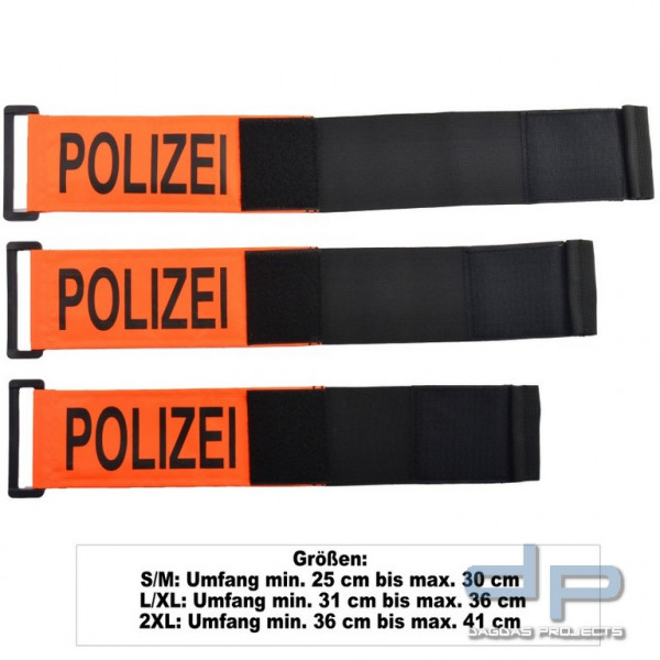 COP® Armbinde orange mit D-Ring, Aufdruck schwarz - POLIZEI - Größe: L/XL