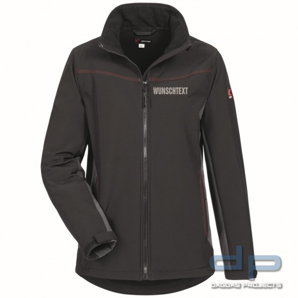 DAMEN-SOFTSHELL-JACKE in Schwarz mit Aufdruck nach Wunsch auf Brust und Rücken