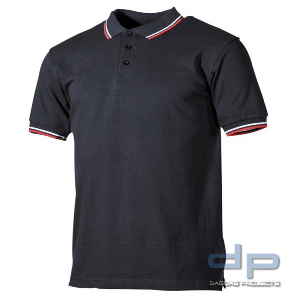 Poloshirt, schwarz, rot-weiße Streifen, mit Knopfleiste