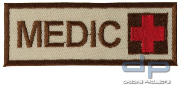Schriftzug Medic mit Kreuz Sand/Braun/Rot auf Klett