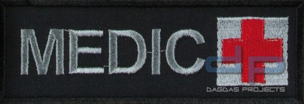 Schriftzug Medic mit Kreuz Schwarz/Grau/Rot auf Klett
