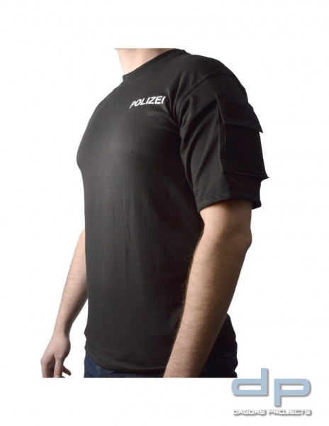 T-Shirt mit Druck POLIZEI, weiße Schrift, Ärmeltaschen mit Klett für Abzeichen, Größe: S